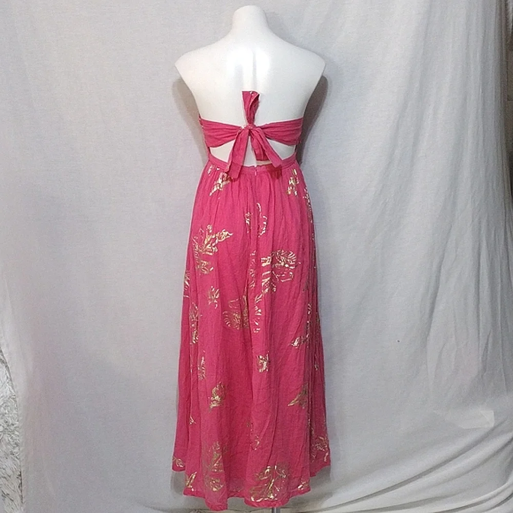 NWT Free People Strapless Metallic Floral Maxi Dress XS Open Back Tie Resort